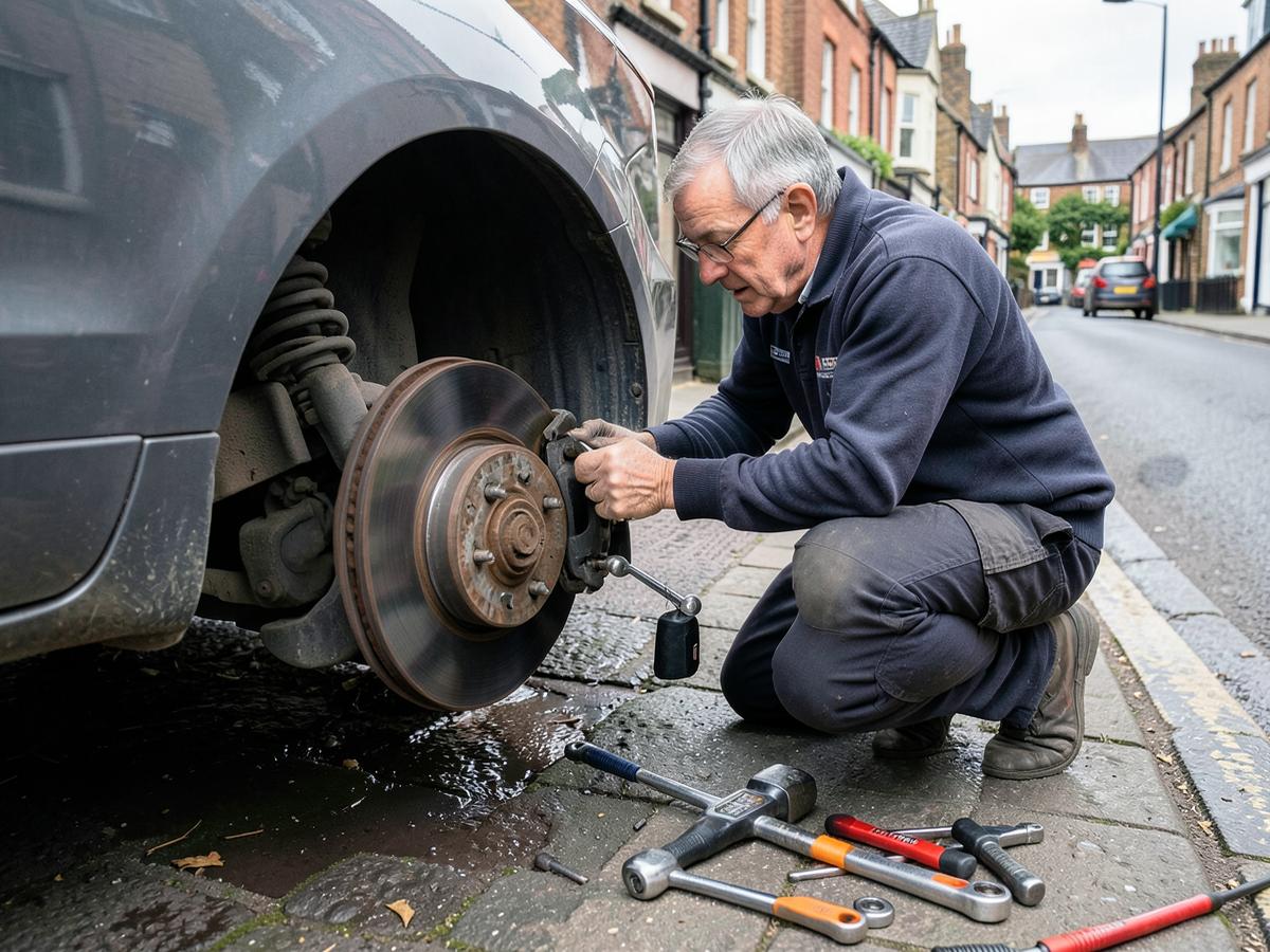 Mechanic replacing brake discs at the roadside
