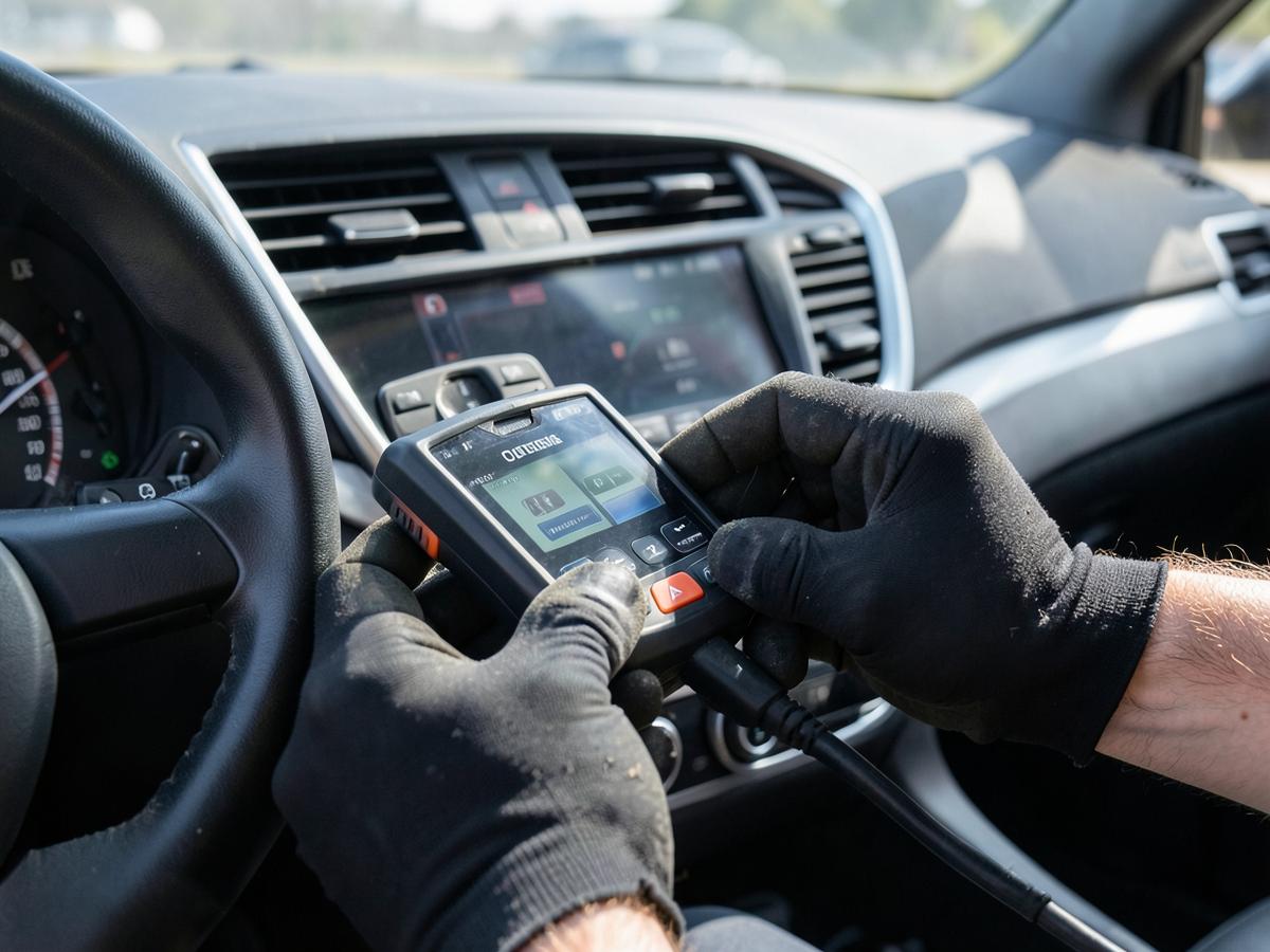 Mechanic running a diagnostic scan on a car